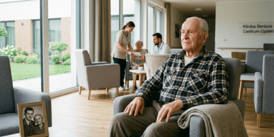 Older man seated in care center; sign reads “Klinika Seniora Centrum Opieki”