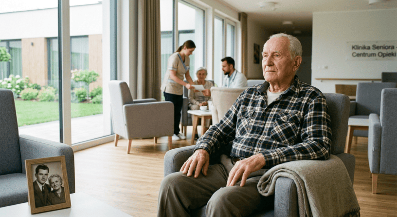 Older man seated in care center; sign reads “Klinika Seniora Centrum Opieki”